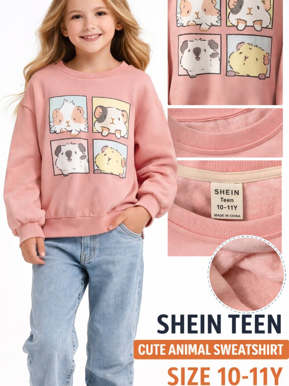 Shein Teen Girls Sweatshirt Pink Cute Animal Graphic Pullover Fleece Size 10-11Y